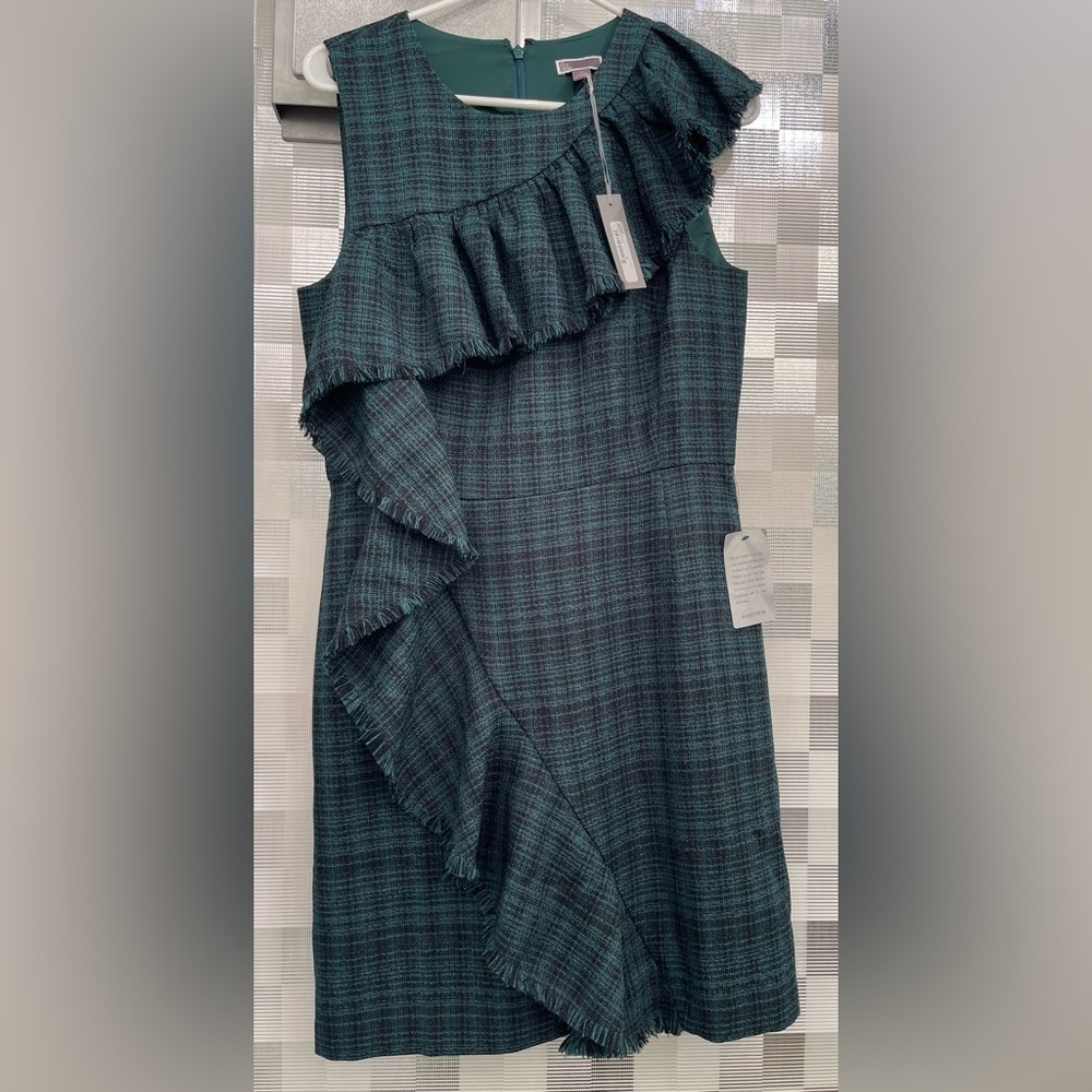 Chelsea28 Womens Green‎ Black Plaid Ruffle Fringe Sheath Dress Size 10 NWT